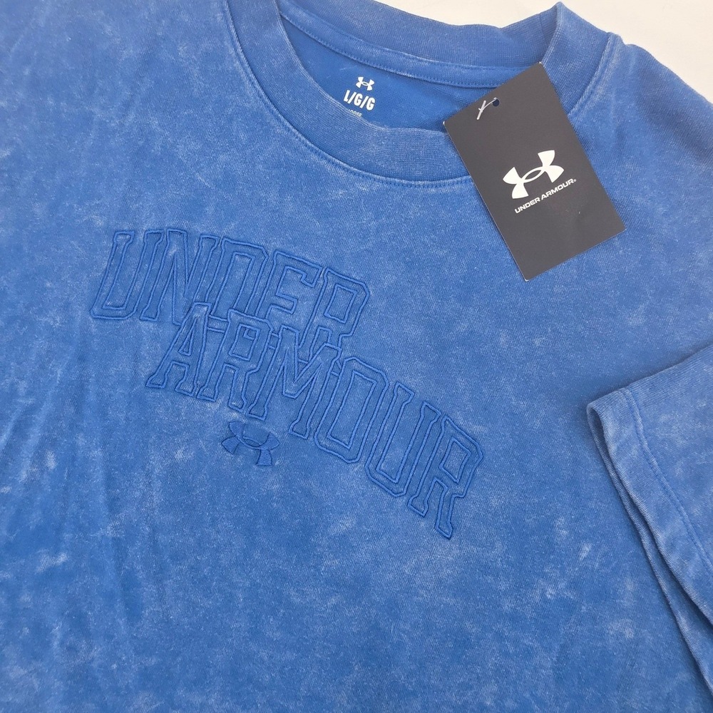 UNDER ARMOUR CROPPED SHIRT WOMENS LARGE BLUE ACID WASH GRAPHIC BOXY SPORTY NEW!